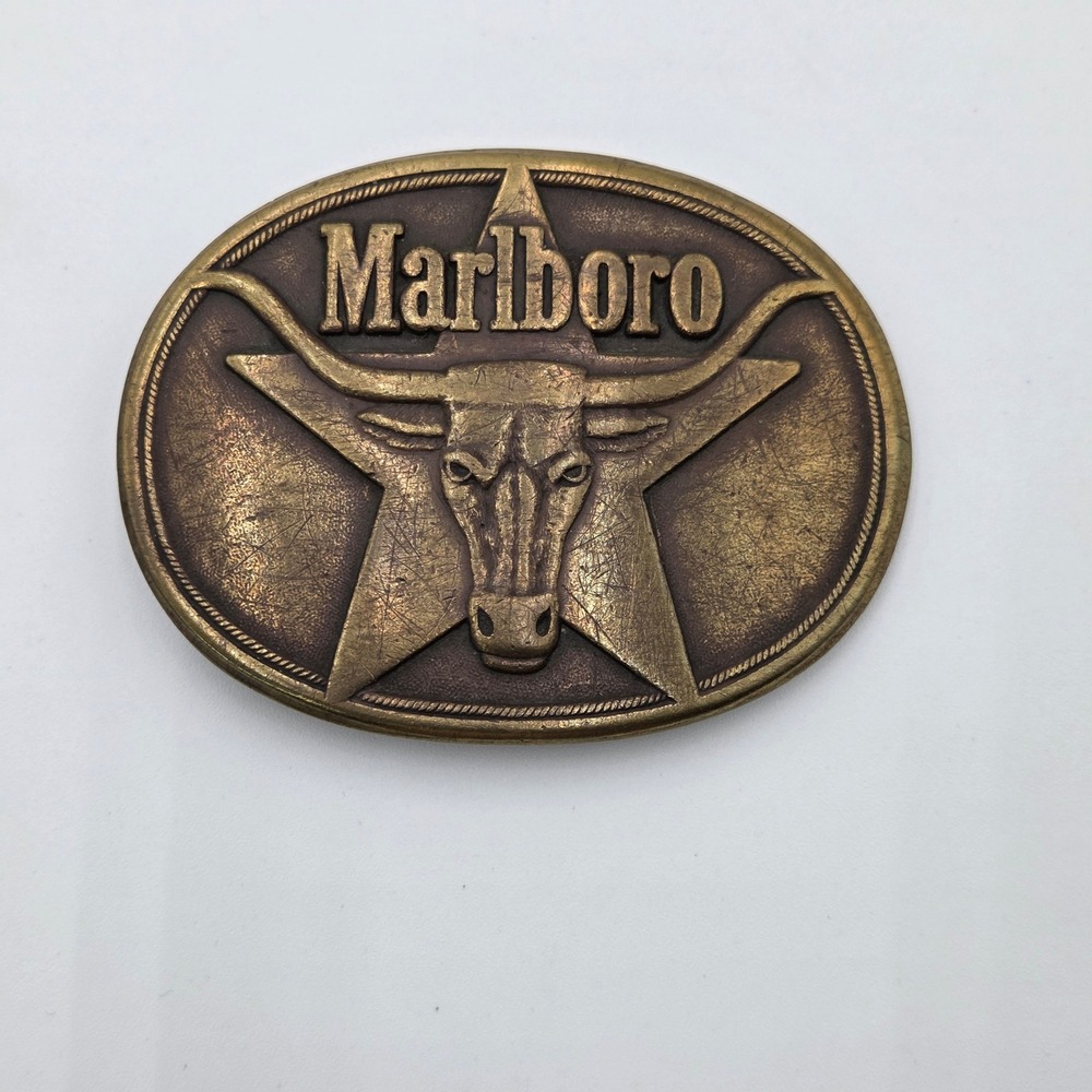 Vintage 1987 Marlboro Men Belt Buckle Brass Longhorn Steer Patina